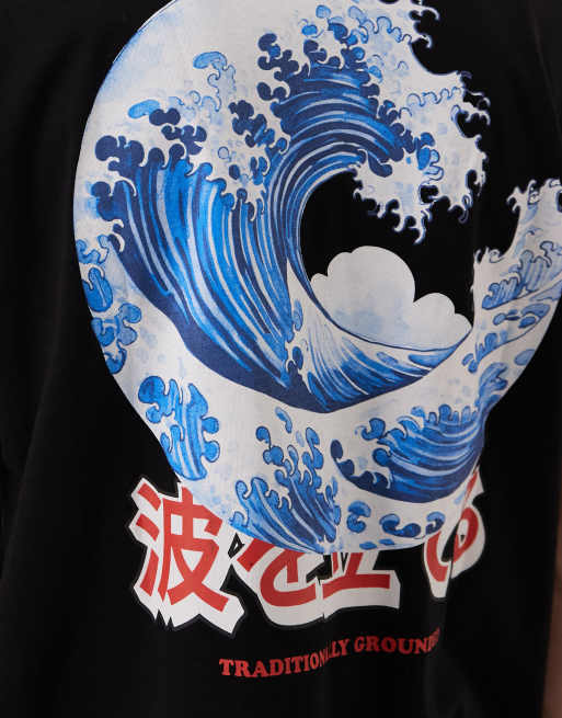 Jack & Jones Japanese wave back print t-shirt in charcoal gray | ASOS