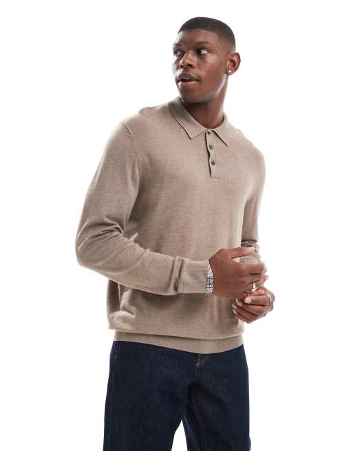 Jack & Jones – Jasnobrązowa dzianinowa koszulka polo z zapięciem na guziki 