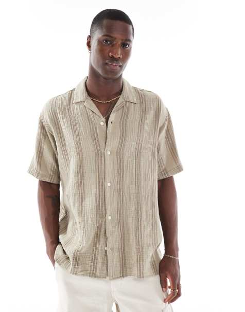 Jack & Jones revere collar shirt in tan texture stripe
