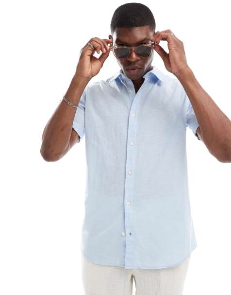 Jack & Jones linen blend short sleeved shirt in light blue