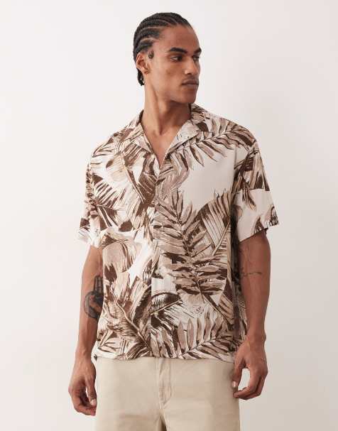 Jack & Jones - Jeff - Camicia a maniche corte marrone con stampa di palme - view 1