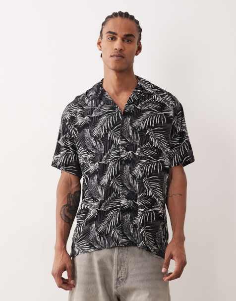 Jack & Jones Jeff short sleeve shirt with palm tree print in black