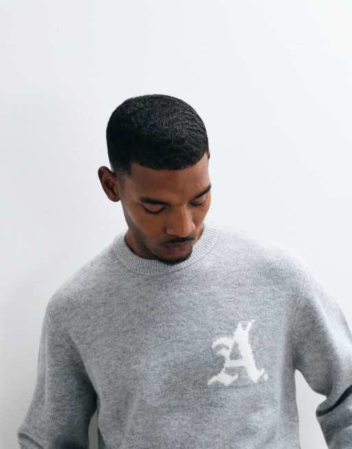 Jack & Jones - jersey de punto jacquard oversize con logo en gris, 2 de 5