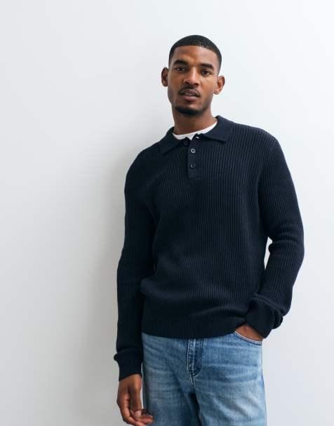 Jack & Jones - jersey polo de canalé fino en azul marino - view 1