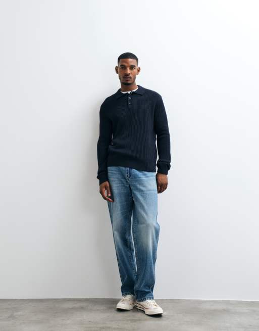 Jack & Jones - jersey polo de canalé fino en azul marino, 3 de 5