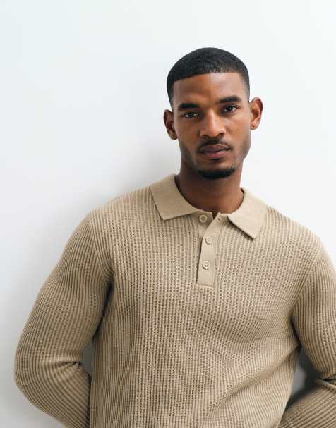 Jack & Jones - jersey polo de canalé fino en beige - view 1
