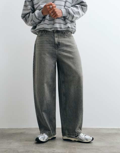 Jack & Jones Joey baggy barrel jeans with seam detail in grey wash - view 1