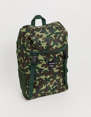 Jack & Jones – Kamouflagemönstrad ryggsäck-Grön