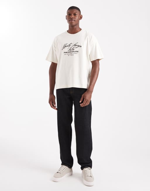 Jack & Jones – Kastiges Cropped-T-Shirt in Creme mit aufgesticktem Text, 2 von 5