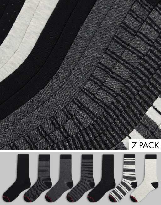 Jack & Jones - Kimo - Lot de 7 paires de chaussettes à rayures multicolores - Noir et gris