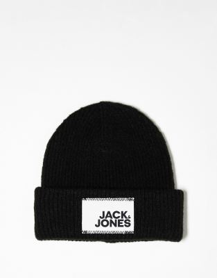 Jack & Jones Knit Beanie With Bold Logo In Black