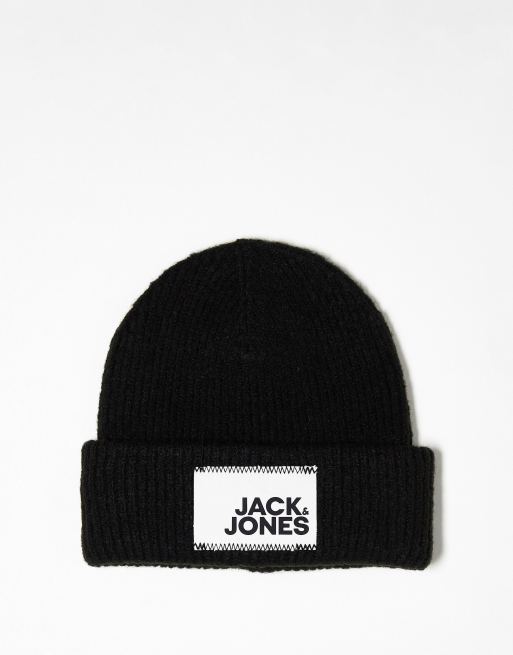 Jack & Jones knit beanie with bold logo in black