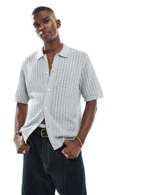 knit button through polo shirt in gray
