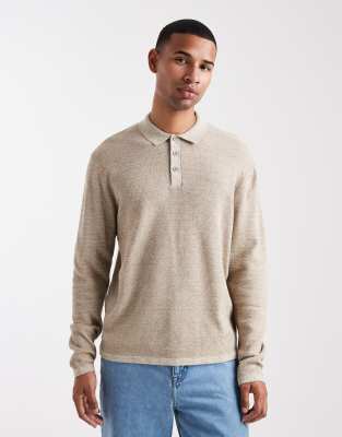 Jack & Jones Knit Long Sleeve Polo Shirt In Neutral