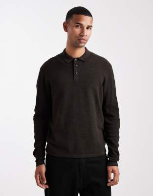 Jack & Jones Knit Long Sleeve Polo Shirt In Brown