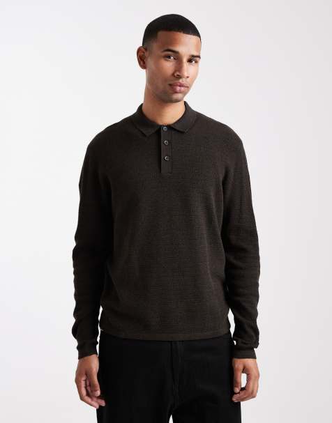 Jack & Jones knit long sleeve polo shirt in brown - view 1