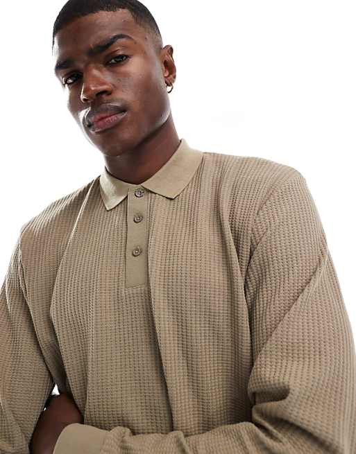 Jack & Jones knit long sleeve textured polo in beige | ASOS Jack & Jones knit long sleeve textured polo in beige | ASOS