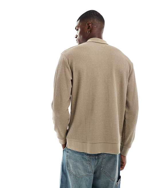 Jack & Jones knit long sleeve textured polo in beige | ASOS Jack & Jones knit long sleeve textured polo in beige | ASOS