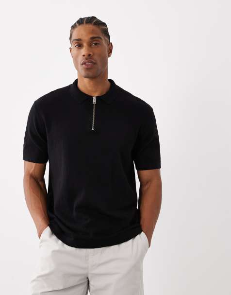 Jack & Jones knit partial zip polo in black - view 1