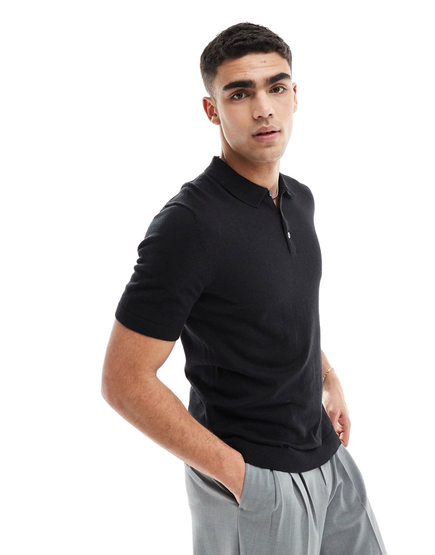 knit polo in black