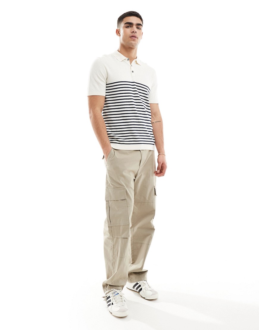 Jack & Jones Knit Polo In White And Navy Stripes