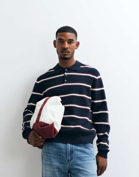 Jack & Jones knit polo top in navy stripe - view 1