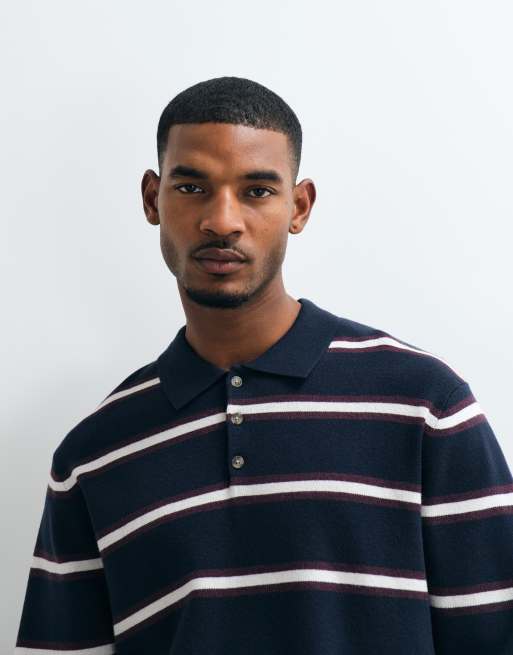 Jack & Jones knit polo top in navy striped print, 2 of 5
