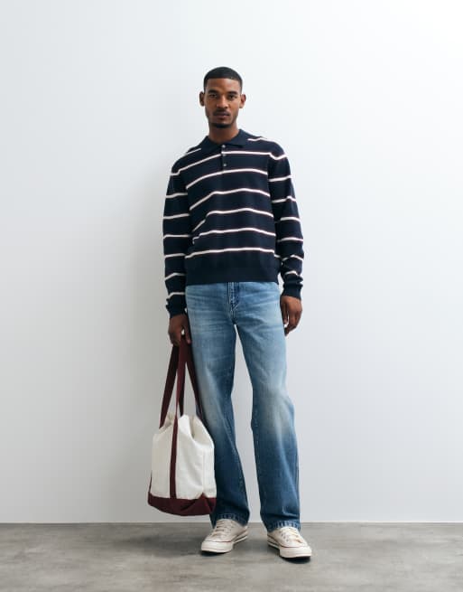 Jack & Jones knit polo top in navy striped print, 3 of 5