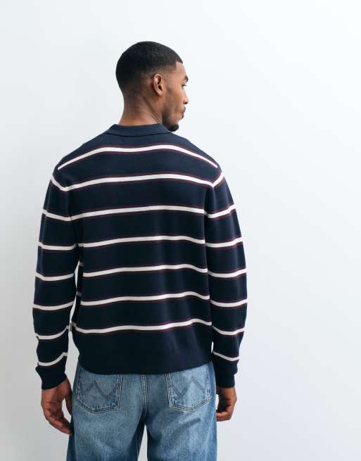 Jack & Jones knit polo top in navy striped print, 4 of 5