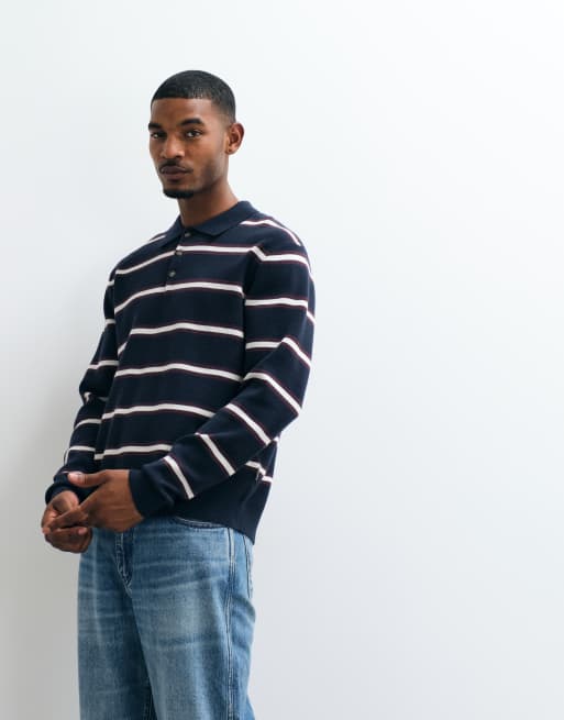 Jack & Jones knit polo top in navy striped print, 5 of 5