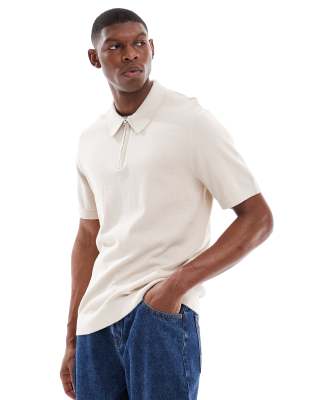 Jack & Jones Jack & Jones knit polo with zip in cream-White