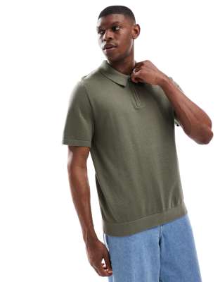 Jack & Jones Jack & Jones knit polo with zip in khaki-Green