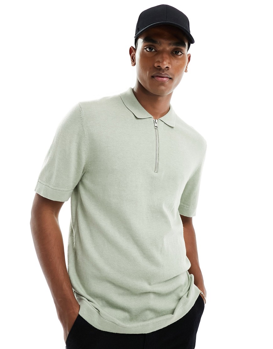 knit polo with zip in mint-Green