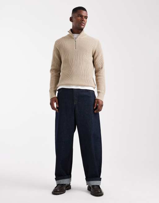 Jack & Jones knit quarter zip sweater in beige