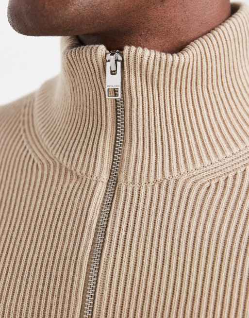 Jack & Jones knit quarter zip sweater in beige
