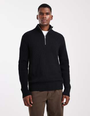 Jack & Jones Knit Quarter Zip Sweater In Black