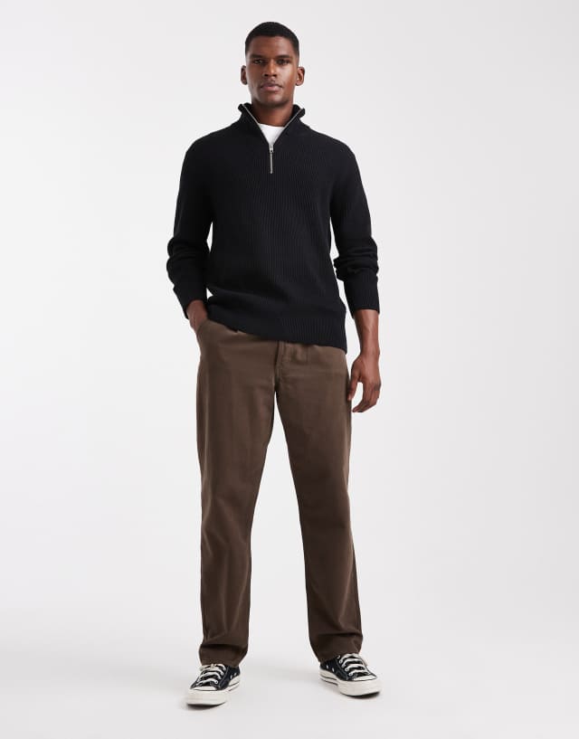Jack & Jones knit quarter zip sweater in black | ASOS