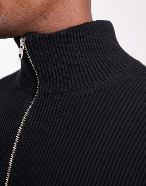Jack & Jones knit quarter zip sweater in black | ASOS