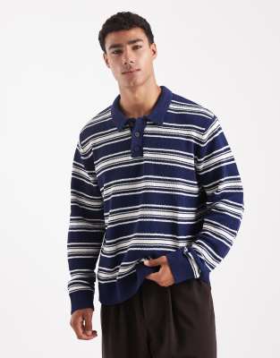 Jack & Jones Knit Striped Polo Shirt In Blue