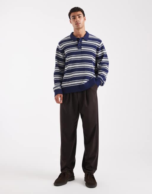 Jack & Jones knit striped polo shirt in navy blue