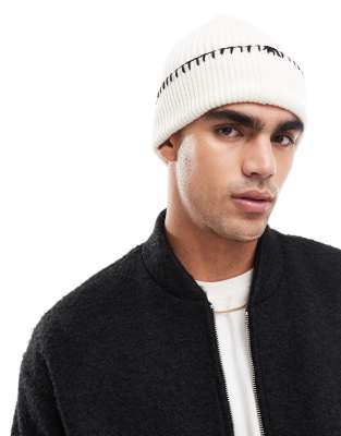 Jack & Jones Jack & Jones knitted beanie in ecru with contrast stitch-White