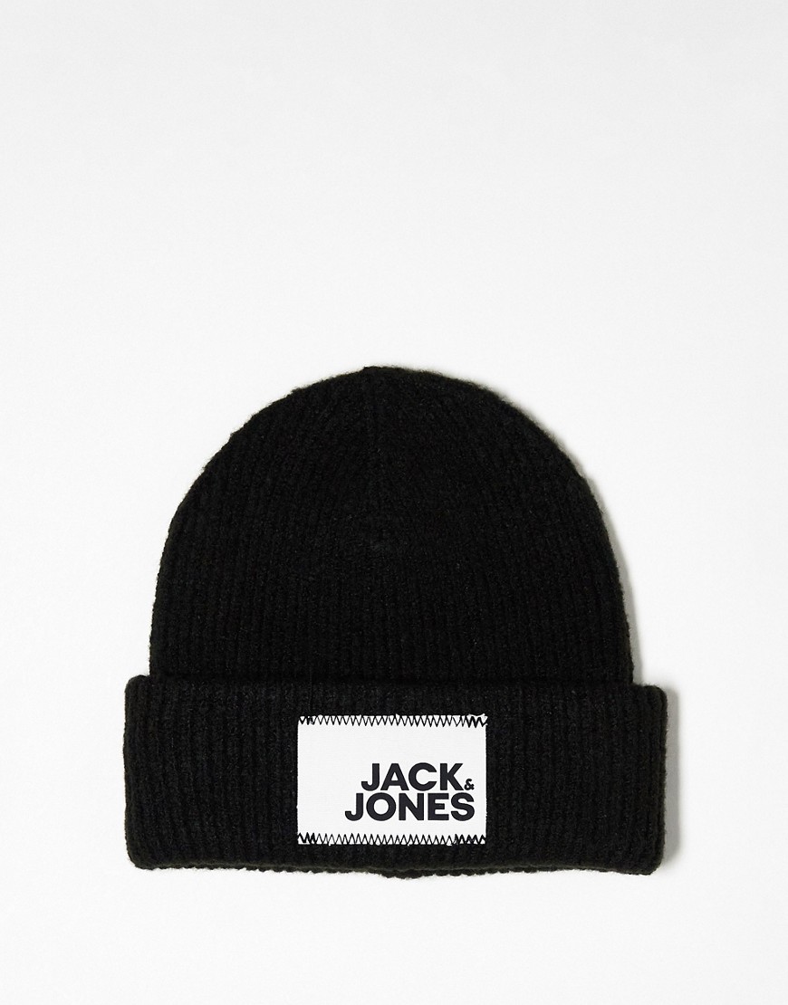 Jack & Jones knitted beanie with bold logo in black