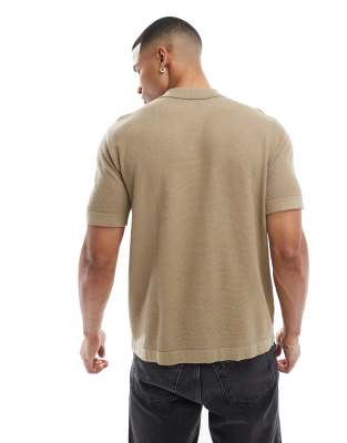 Jack & Jones Knitted Button Through Polo In Neutral