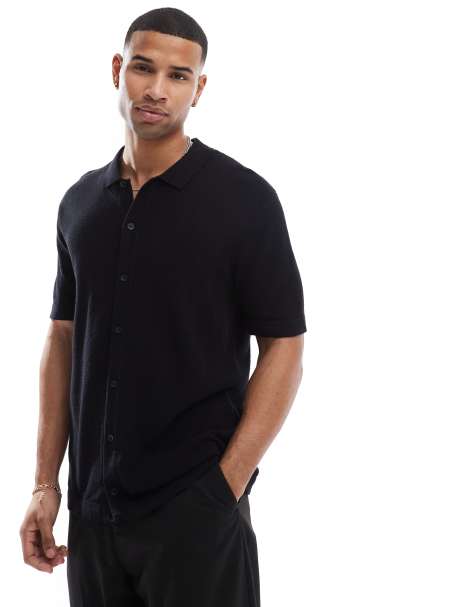 Jack & Jones knitted button through polo in black - view 1