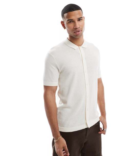 Jack & Jones knitted button through polo in cream - view 1