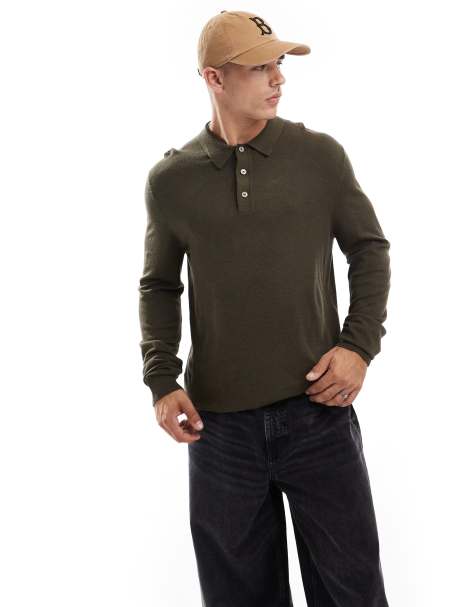 Jack & Jones knitted button through polo in khaki - view 1