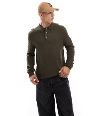 [Jack & Jones] Jack & Jones knitted button through polo in khaki-Black XXL Peat Melange