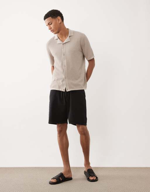 Jack & Jones knitted button through revere collar shirt in beige, 2 of 5