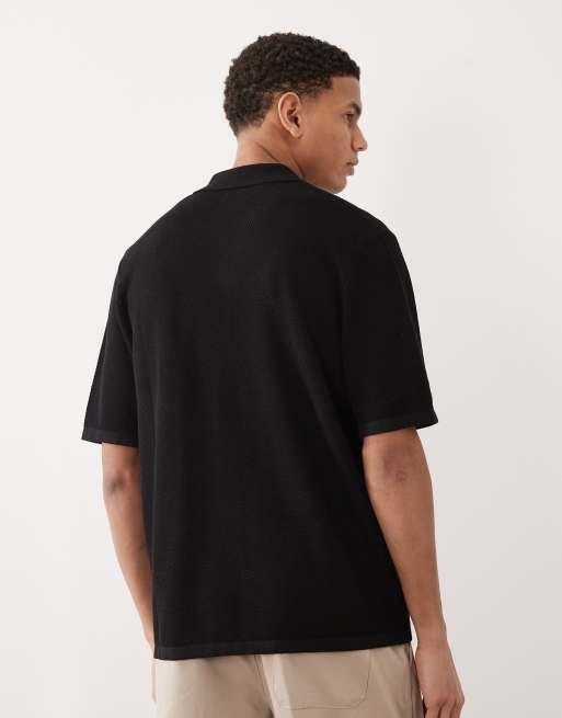 Jack & Jones knitted button through revere collar shirt in black, 3 of 5