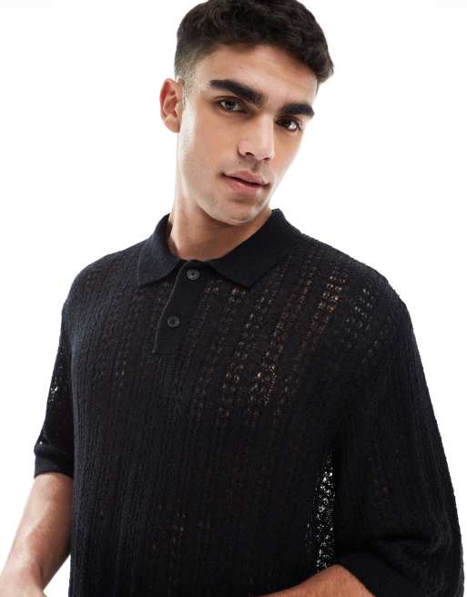 Jack & Jones knitted crochet polo shirt in black, 2 of 4